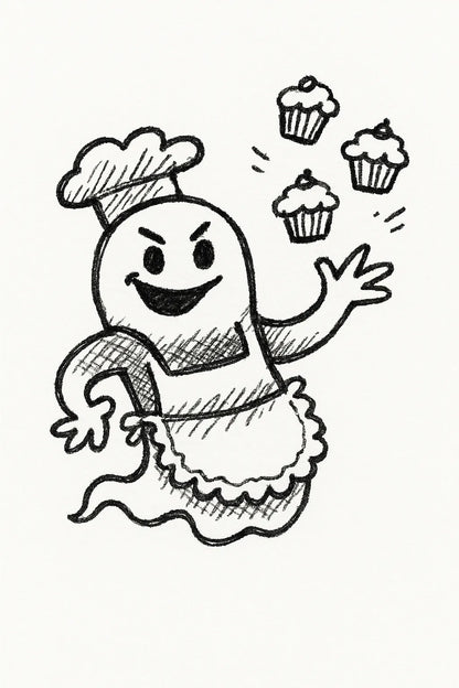 Example output from the MS Paint Doodle Cartoon Portrait ChatGPT prompt: Ghost Baker