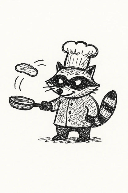 Example output from the MS Paint Doodle Cartoon Portrait ChatGPT prompt: Raccoon Chef