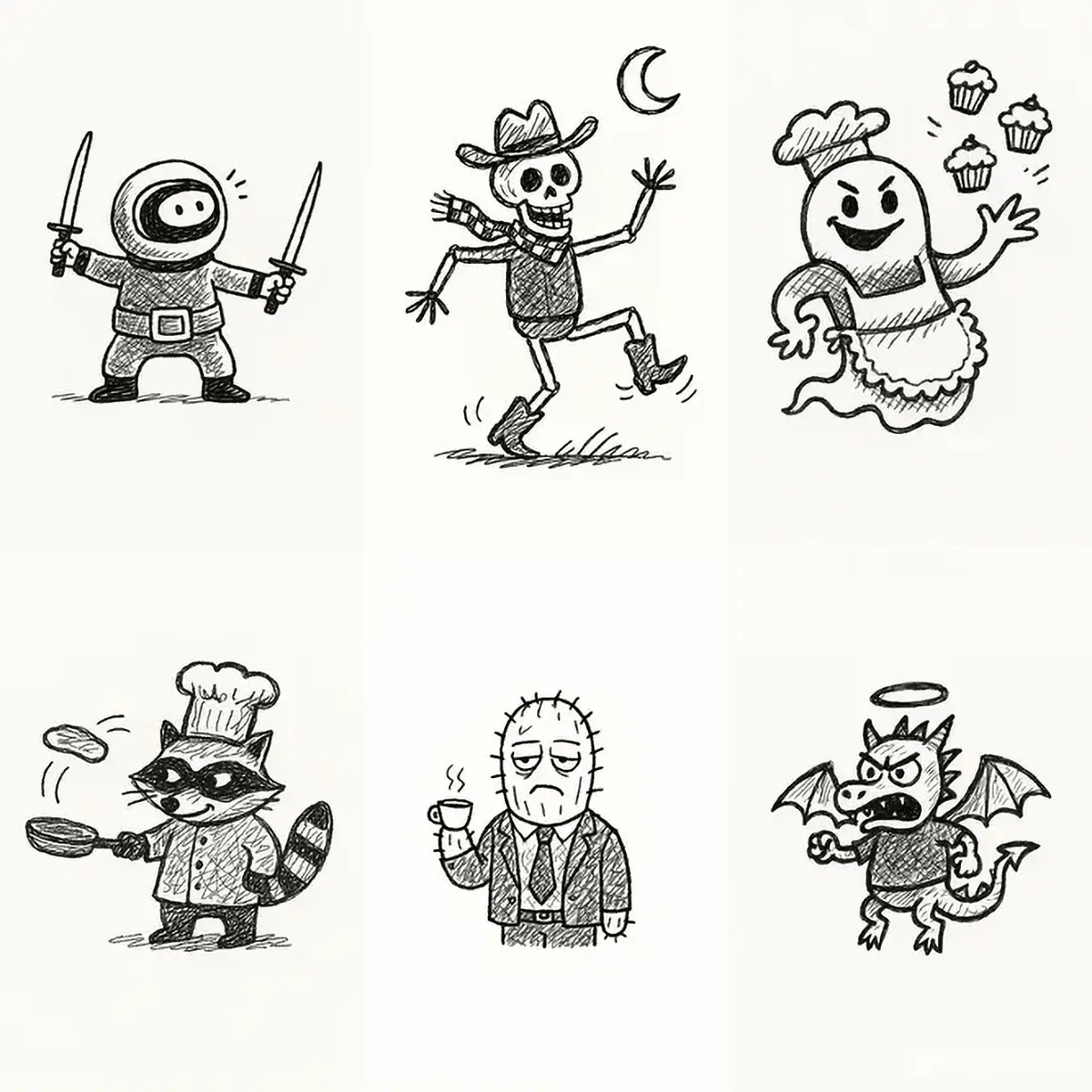 Example output from the MS Paint Doodle Cartoon Portrait ChatGPT prompt: playful cartoon portraits of various characters drawn with thick scribble lines, uneven proportions, and naive MS Paint-style charm on white backgrounds.