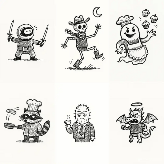 Example output from the MS Paint Doodle Cartoon Portrait ChatGPT prompt: playful cartoon portraits of various characters drawn with thick scribble lines, uneven proportions, and naive MS Paint-style charm on white backgrounds.