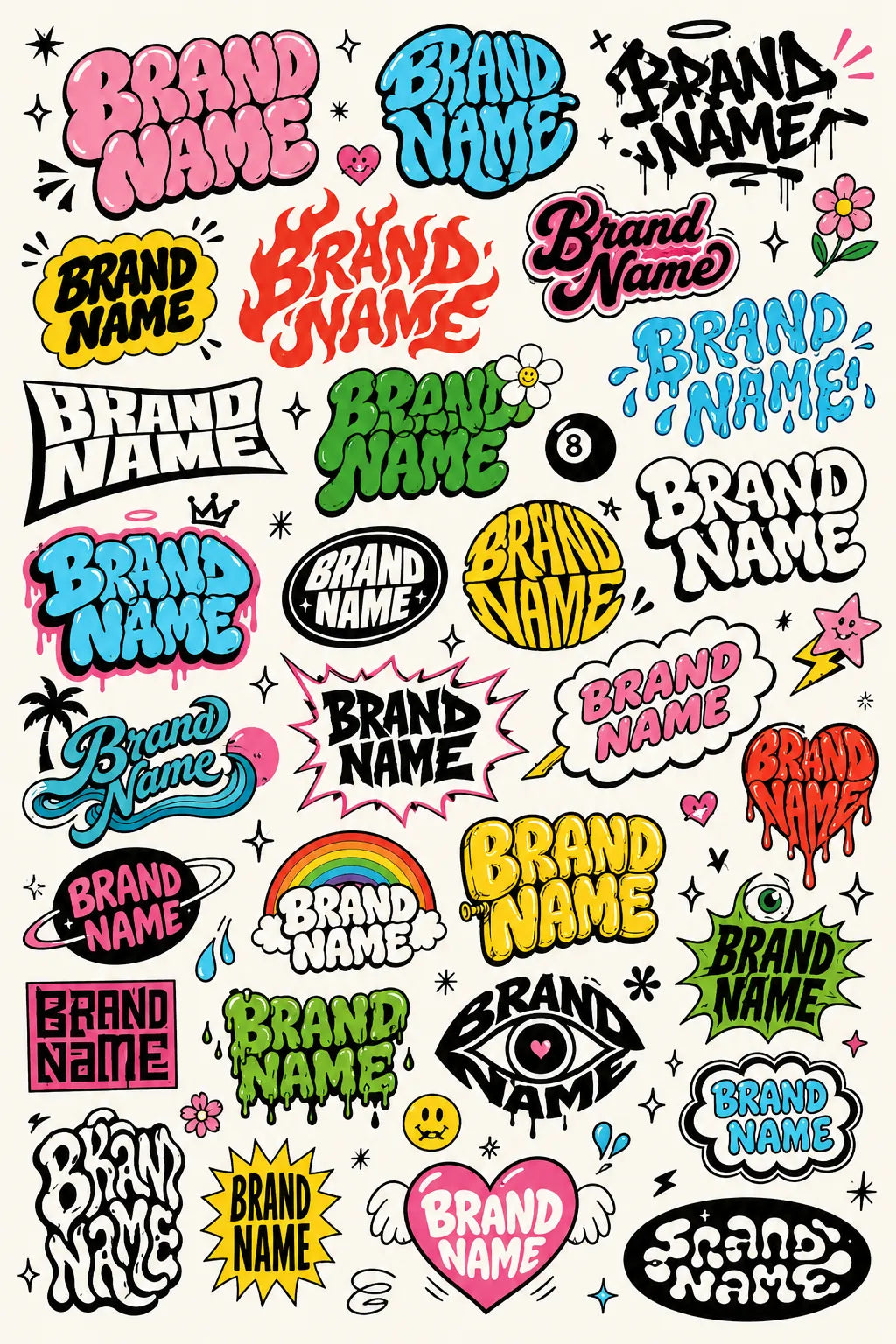Example output from the Many Lettering Style In Sheets ChatGPT prompt: a sheet of dozens of colorful lettering treatments of a brand name in graffiti, bubble, drip and sticker styles.