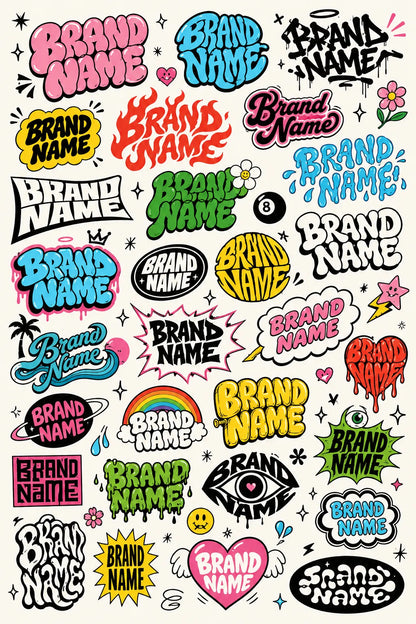 Example output from the Many Lettering Style In Sheets ChatGPT prompt: a sheet of dozens of colorful lettering treatments of a brand name in graffiti, bubble, drip and sticker styles.