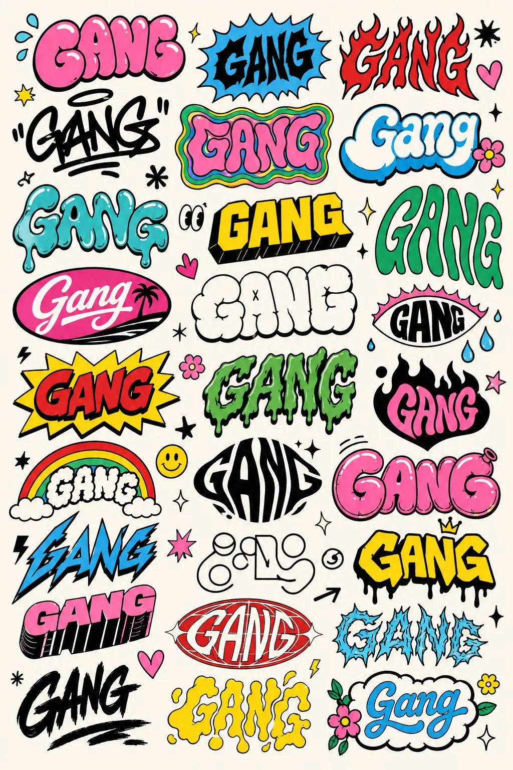 Example output from the Many Lettering Style In Sheets ChatGPT prompt: a sheet of dozens of colorful lettering treatments of the word Gang in graffiti, bubble, drip and sticker styles.