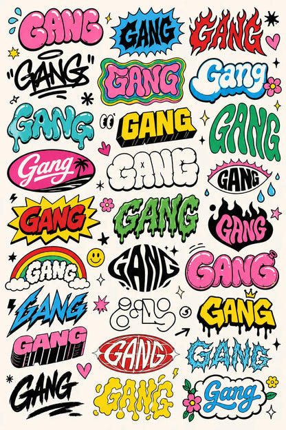 Example output from the Many Lettering Style In Sheets ChatGPT prompt: a sheet of dozens of colorful lettering treatments of the word Gang in graffiti, bubble, drip and sticker styles.