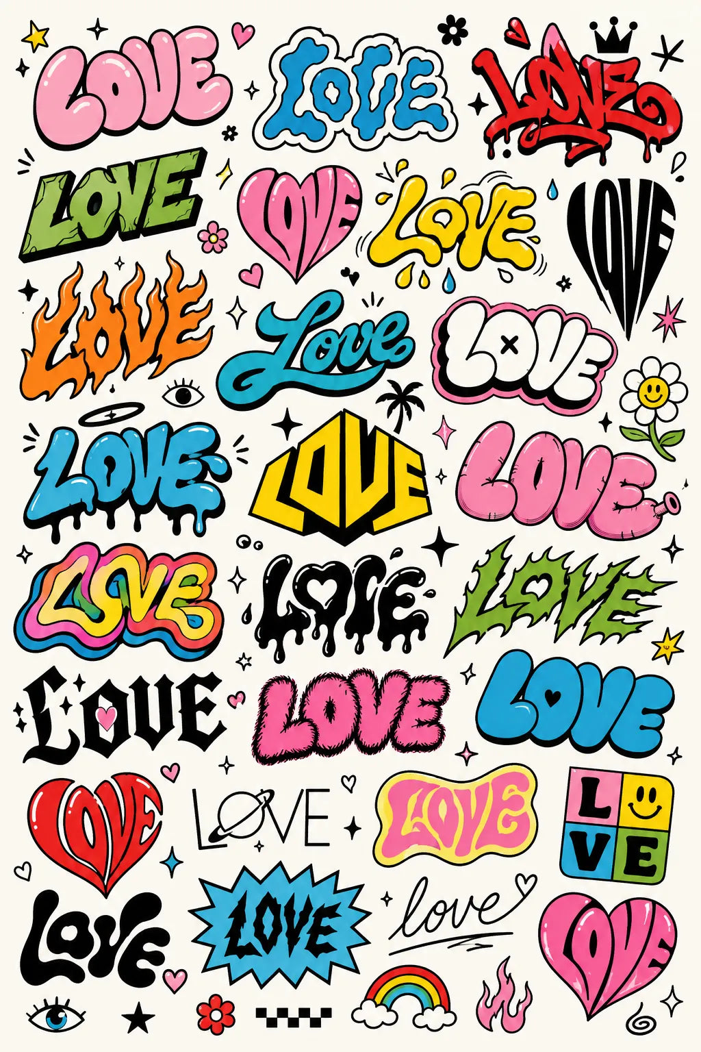 Example output from the Many Lettering Style In Sheets ChatGPT prompt: a sheet of dozens of colorful lettering treatments of the word Love in graffiti, bubble, drip and sticker styles.