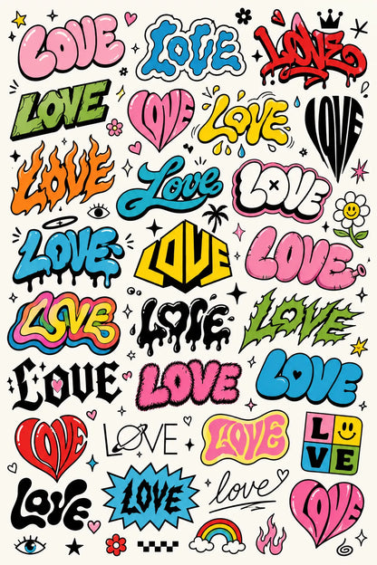 Example output from the Many Lettering Style In Sheets ChatGPT prompt: a sheet of dozens of colorful lettering treatments of the word Love in graffiti, bubble, drip and sticker styles.