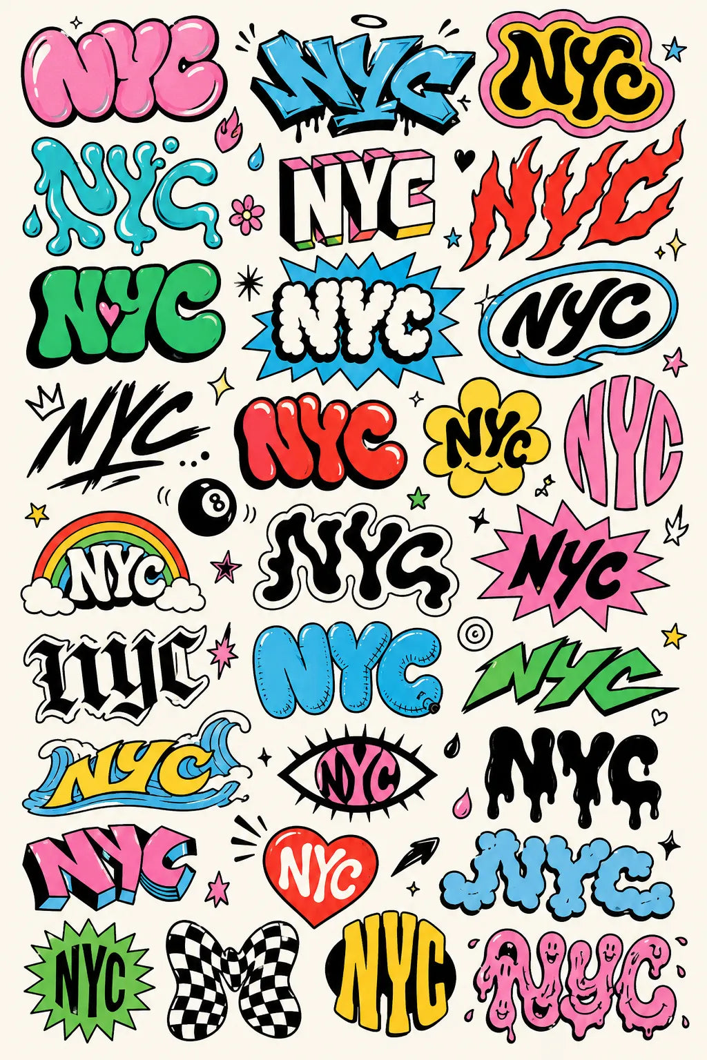 Example output from the Many Lettering Style In Sheets ChatGPT prompt: a sheet of dozens of colorful lettering treatments of the word NYC in graffiti, bubble, drip and sticker styles.