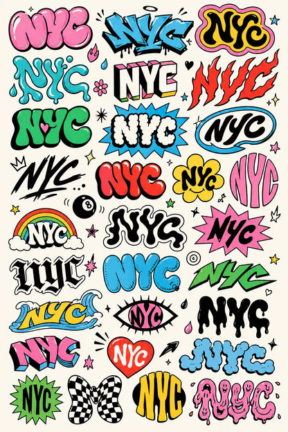Example output from the Many Lettering Style In Sheets ChatGPT prompt: a sheet of dozens of colorful lettering treatments of the word NYC in graffiti, bubble, drip and sticker styles.