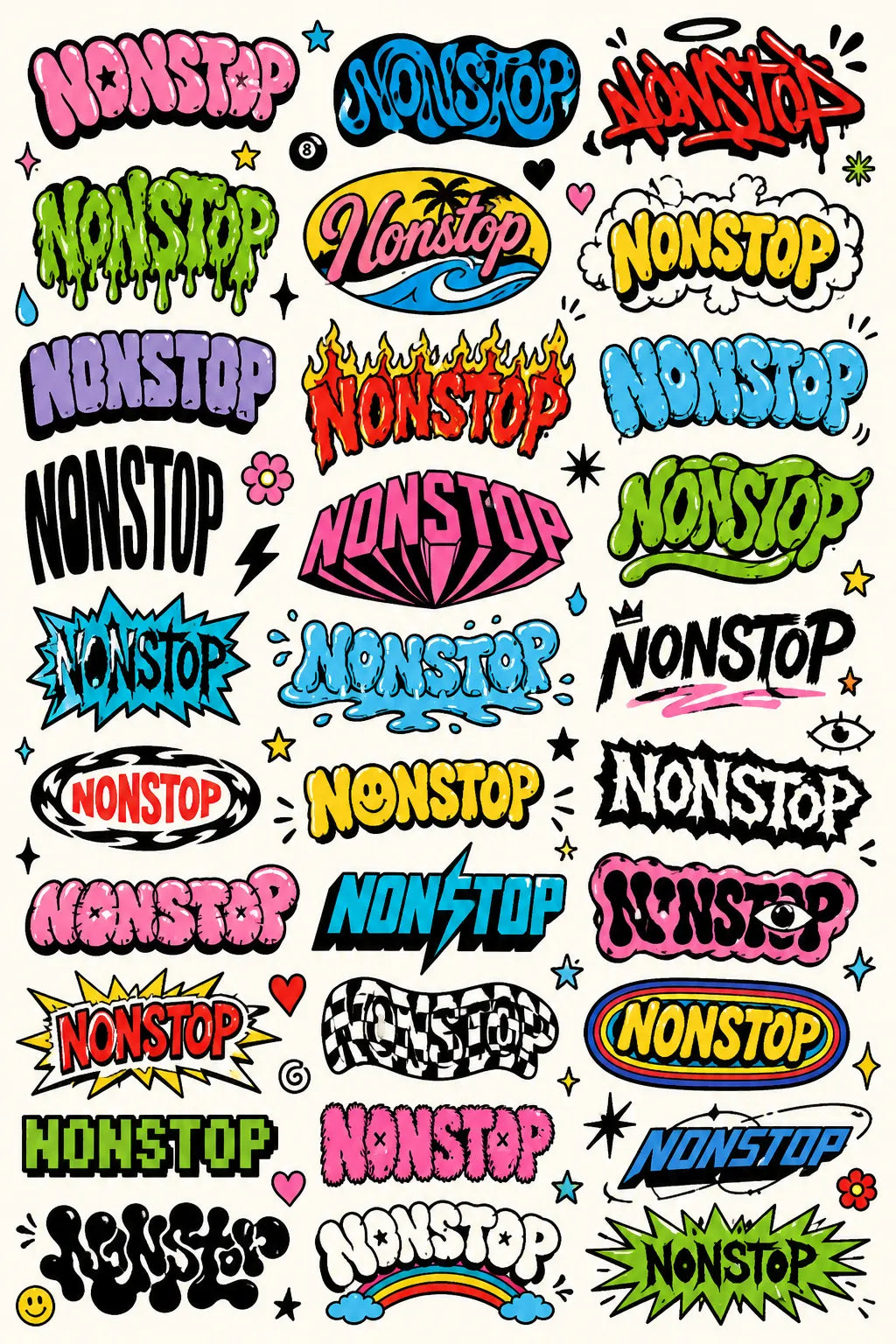 Example output from the Many Lettering Style In Sheets ChatGPT prompt: a sheet of dozens of colorful lettering treatments of the word Nonstop in graffiti, bubble, drip and sticker styles.