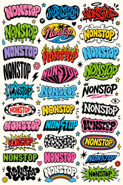 Example output from the Many Lettering Style In Sheets ChatGPT prompt: a sheet of dozens of colorful lettering treatments of the word Nonstop in graffiti, bubble, drip and sticker styles.
