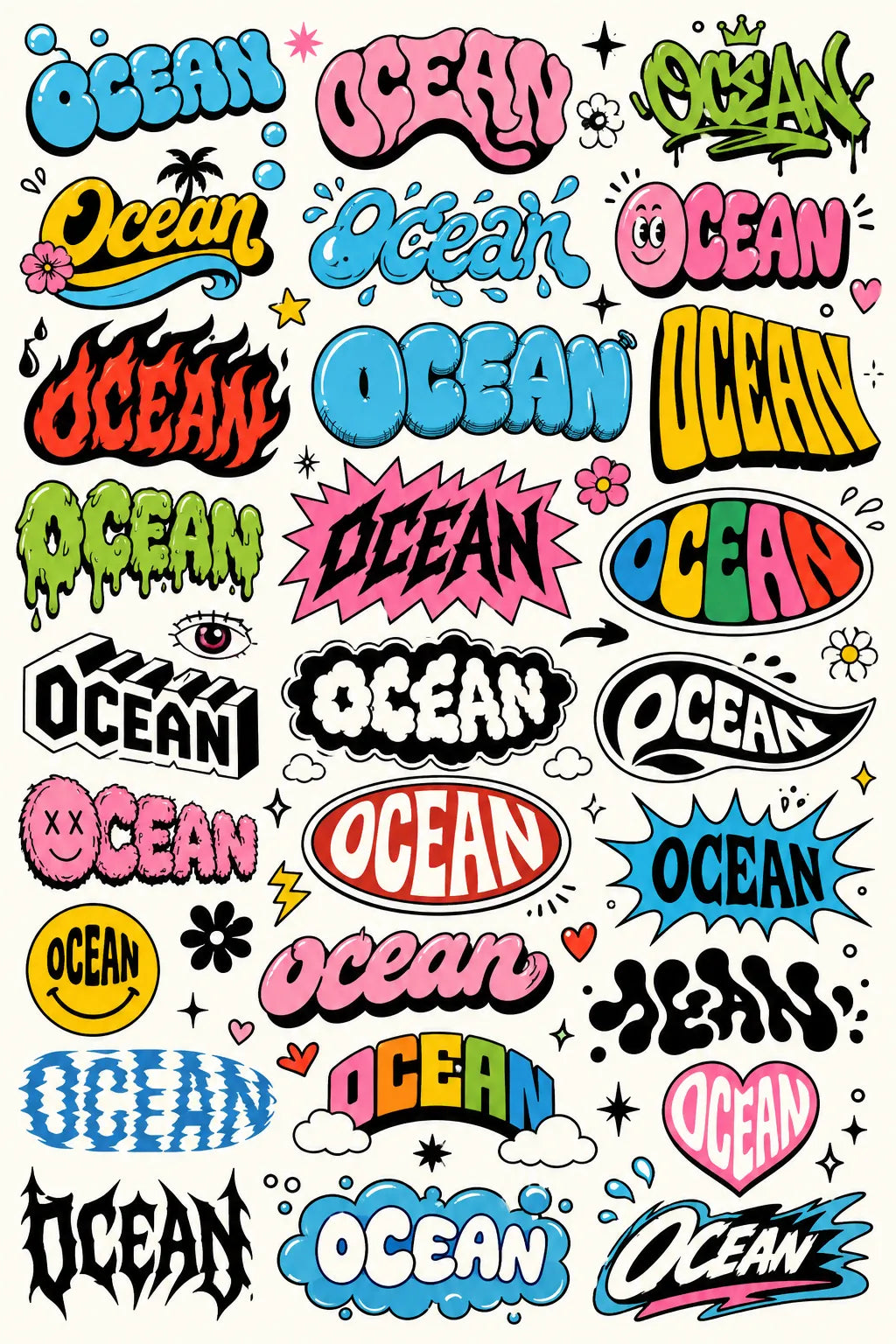 Example output from the Many Lettering Style In Sheets ChatGPT prompt: a sheet of dozens of colorful lettering treatments of the word Ocean in graffiti, bubble, drip and sticker styles.