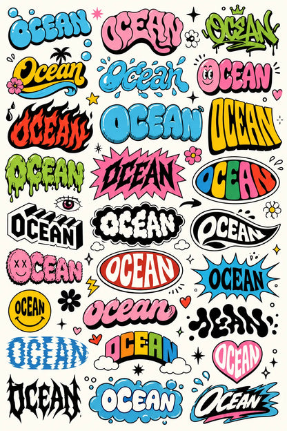 Example output from the Many Lettering Style In Sheets ChatGPT prompt: a sheet of dozens of colorful lettering treatments of the word Ocean in graffiti, bubble, drip and sticker styles.