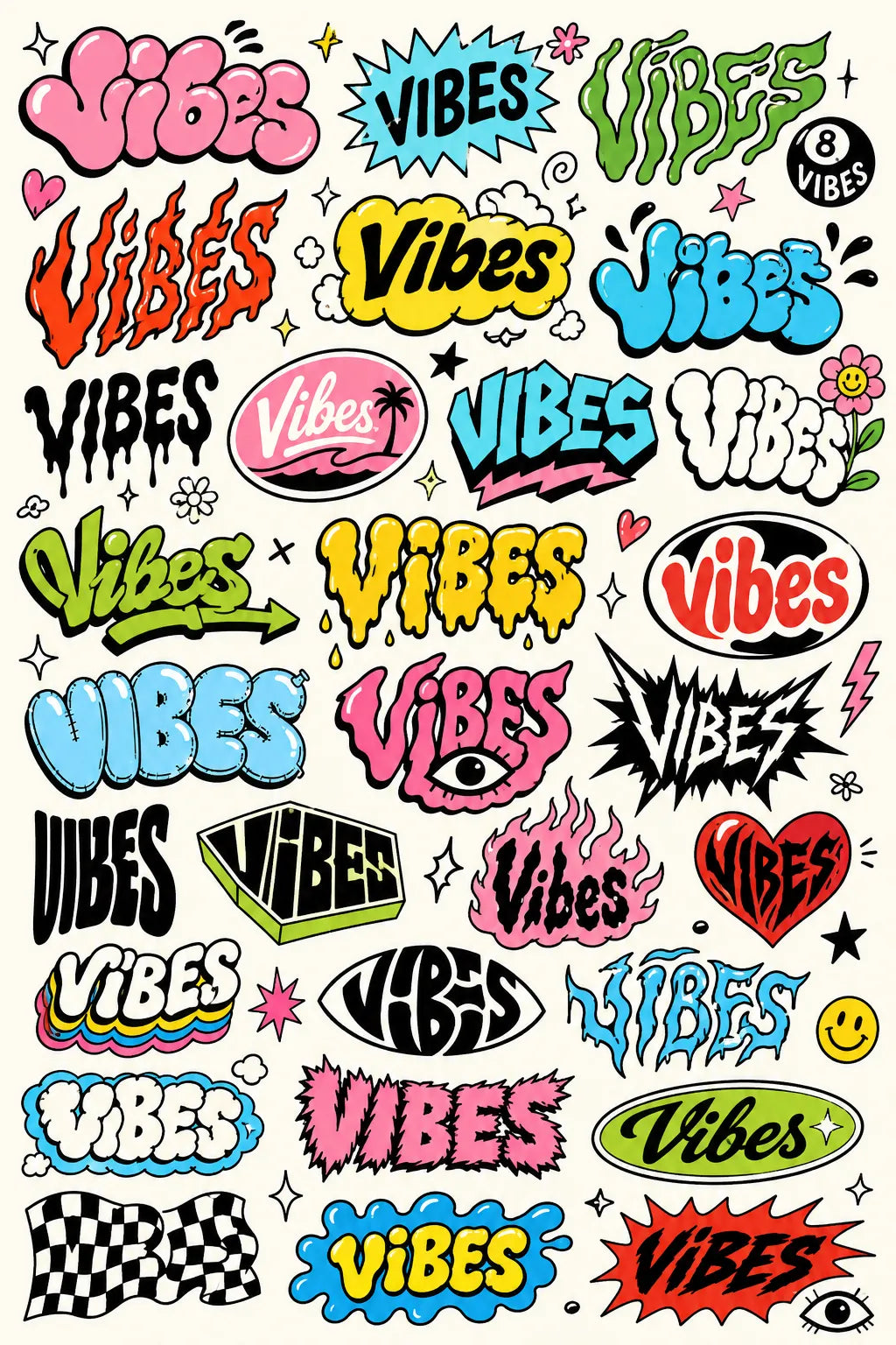 Example output from the Many Lettering Style In Sheets ChatGPT prompt: a sheet of dozens of colorful lettering treatments of the word Vibes in graffiti, bubble, drip and sticker styles.