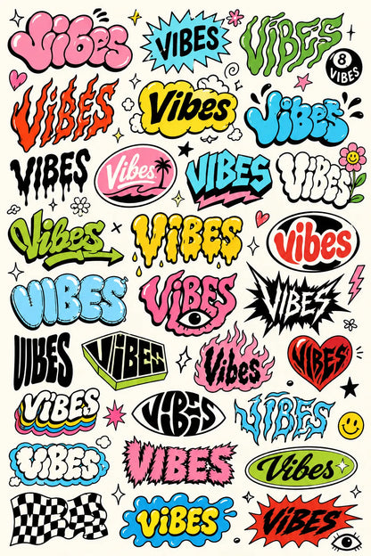 Example output from the Many Lettering Style In Sheets ChatGPT prompt: a sheet of dozens of colorful lettering treatments of the word Vibes in graffiti, bubble, drip and sticker styles.