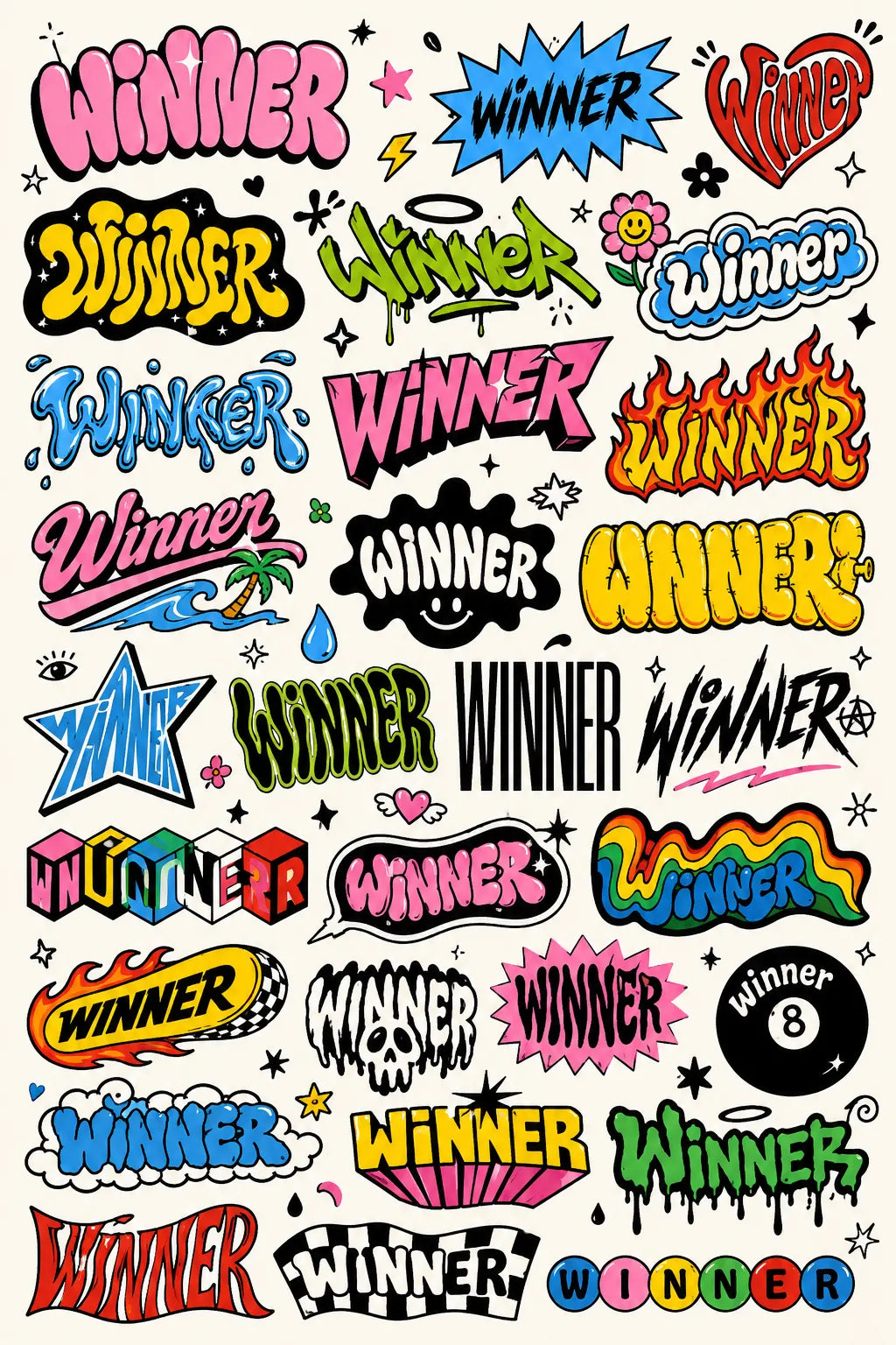 Example output from the Many Lettering Style In Sheets ChatGPT prompt: a sheet of dozens of colorful lettering treatments of the word Winner in graffiti, bubble, drip and sticker styles.