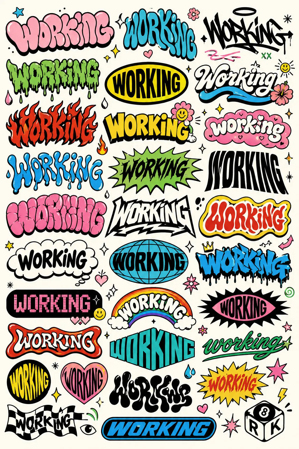Example output from the Many Lettering Style In Sheets ChatGPT prompt: a sheet of dozens of colorful lettering treatments of the word Working in graffiti, bubble, drip and sticker styles.