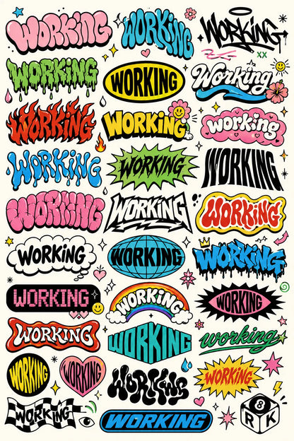 Example output from the Many Lettering Style In Sheets ChatGPT prompt: a sheet of dozens of colorful lettering treatments of the word Working in graffiti, bubble, drip and sticker styles.