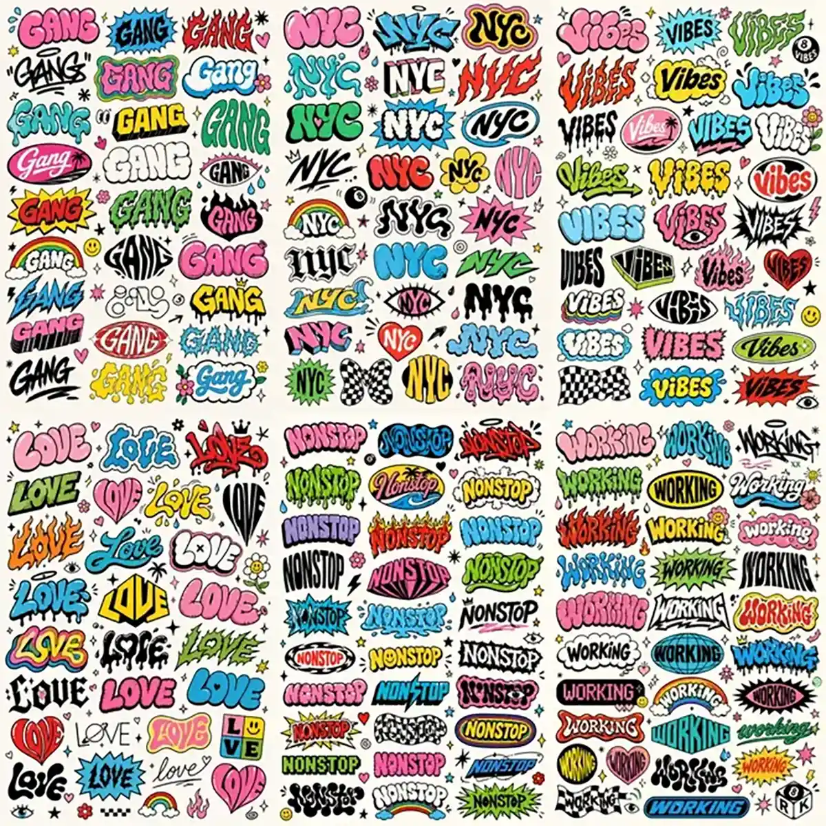 Example output from the Many Lettering Style In Sheets ChatGPT prompt: six exploration sheets each packed with dozens of colorful hand-lettered logo treatments of a single word, covering Gang, NYC, Vibes, Love, Nonstop and Working in graffiti, bubble, drip and sticker styles.