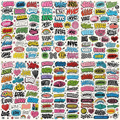 Example output from the Many Lettering Style In Sheets ChatGPT prompt: six exploration sheets each packed with dozens of colorful hand-lettered logo treatments of a single word, covering Gang, NYC, Vibes, Love, Nonstop and Working in graffiti, bubble, drip and sticker styles.