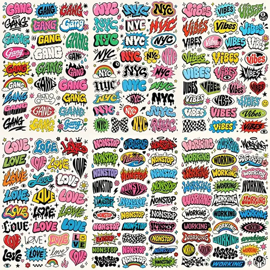 Example output from the Many Lettering Style In Sheets ChatGPT prompt: six exploration sheets each packed with dozens of colorful hand-lettered logo treatments of a single word, covering Gang, NYC, Vibes, Love, Nonstop and Working in graffiti, bubble, drip and sticker styles.