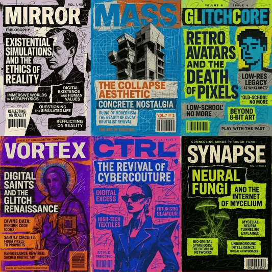 Example output from the Maximalist Magazine Covers ChatGPT prompt: chaotic editorial magazine covers with fragmented typography, neon color pops, and expressive collage layouts designed for culture, fashion, or zine-style visuals.