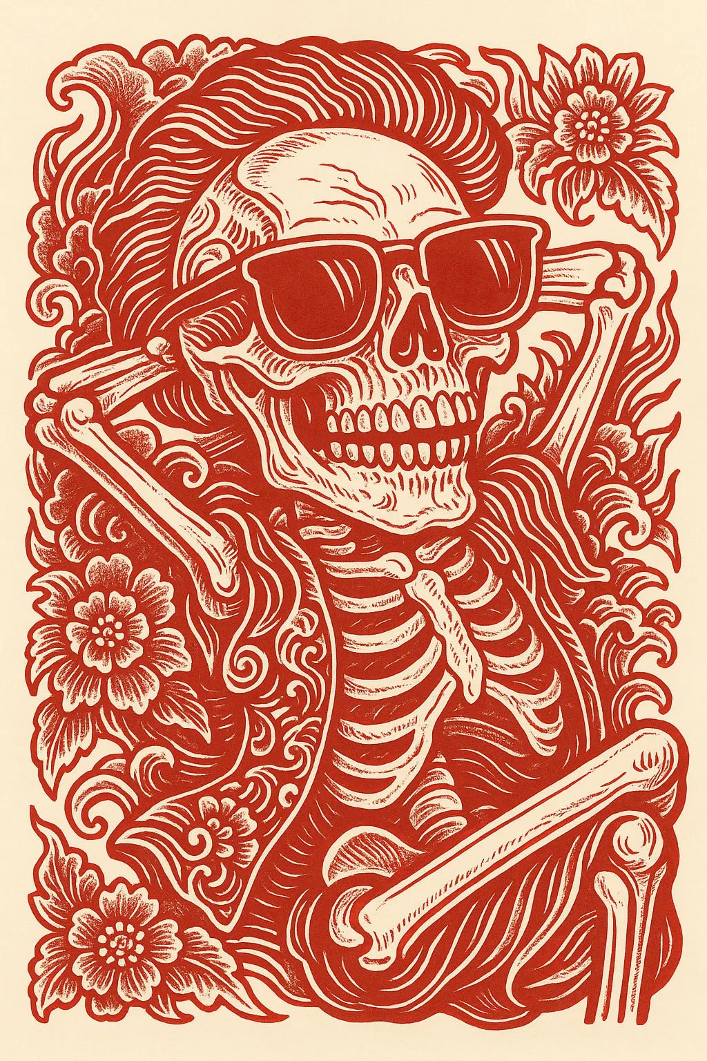 Example output from the Red Maximalist Paper Cut Tattoo Art ChatGPT prompt: Chill Skull