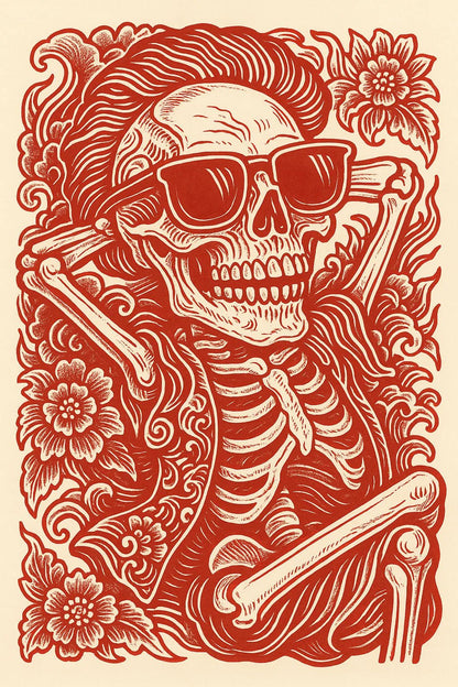 Example output from the Red Maximalist Paper Cut Tattoo Art ChatGPT prompt: Chill Skull