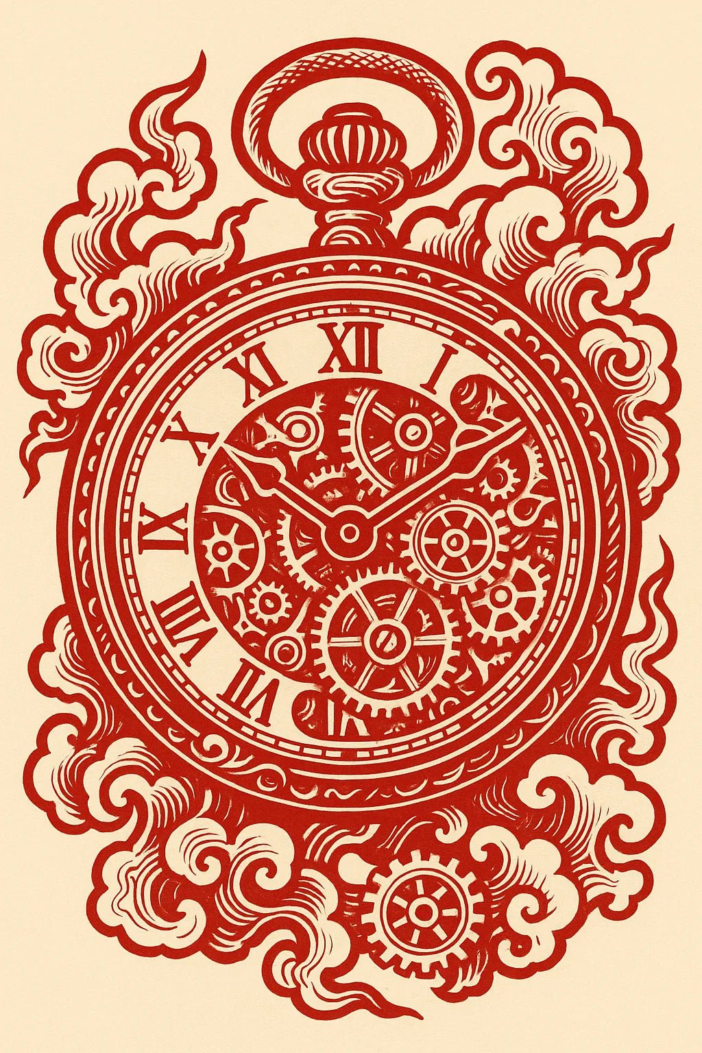 Example output from the Red Maximalist Paper Cut Tattoo Art ChatGPT prompt: Clock Watch
