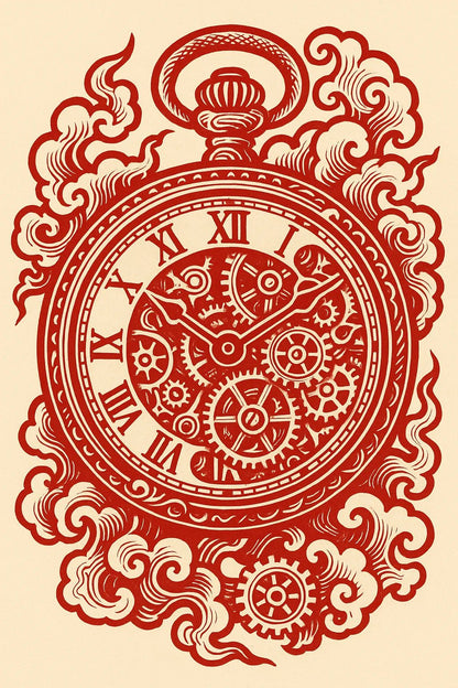 Example output from the Red Maximalist Paper Cut Tattoo Art ChatGPT prompt: Clock Watch