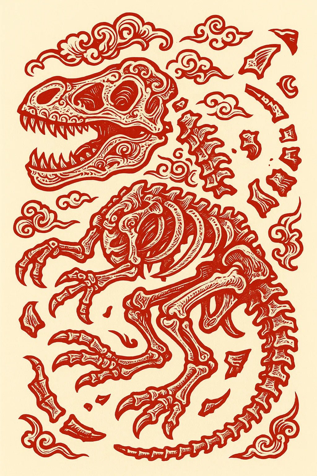 Example output from the Red Maximalist Paper Cut Tattoo Art ChatGPT prompt: Fossil