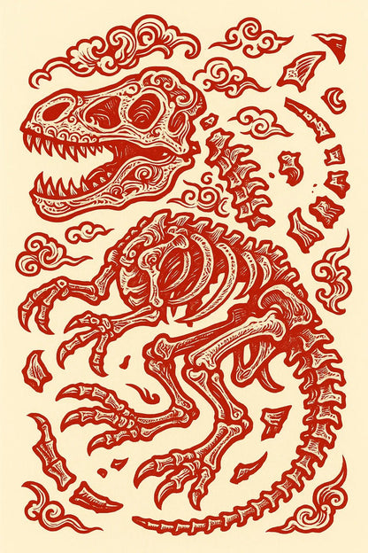 Example output from the Red Maximalist Paper Cut Tattoo Art ChatGPT prompt: Fossil