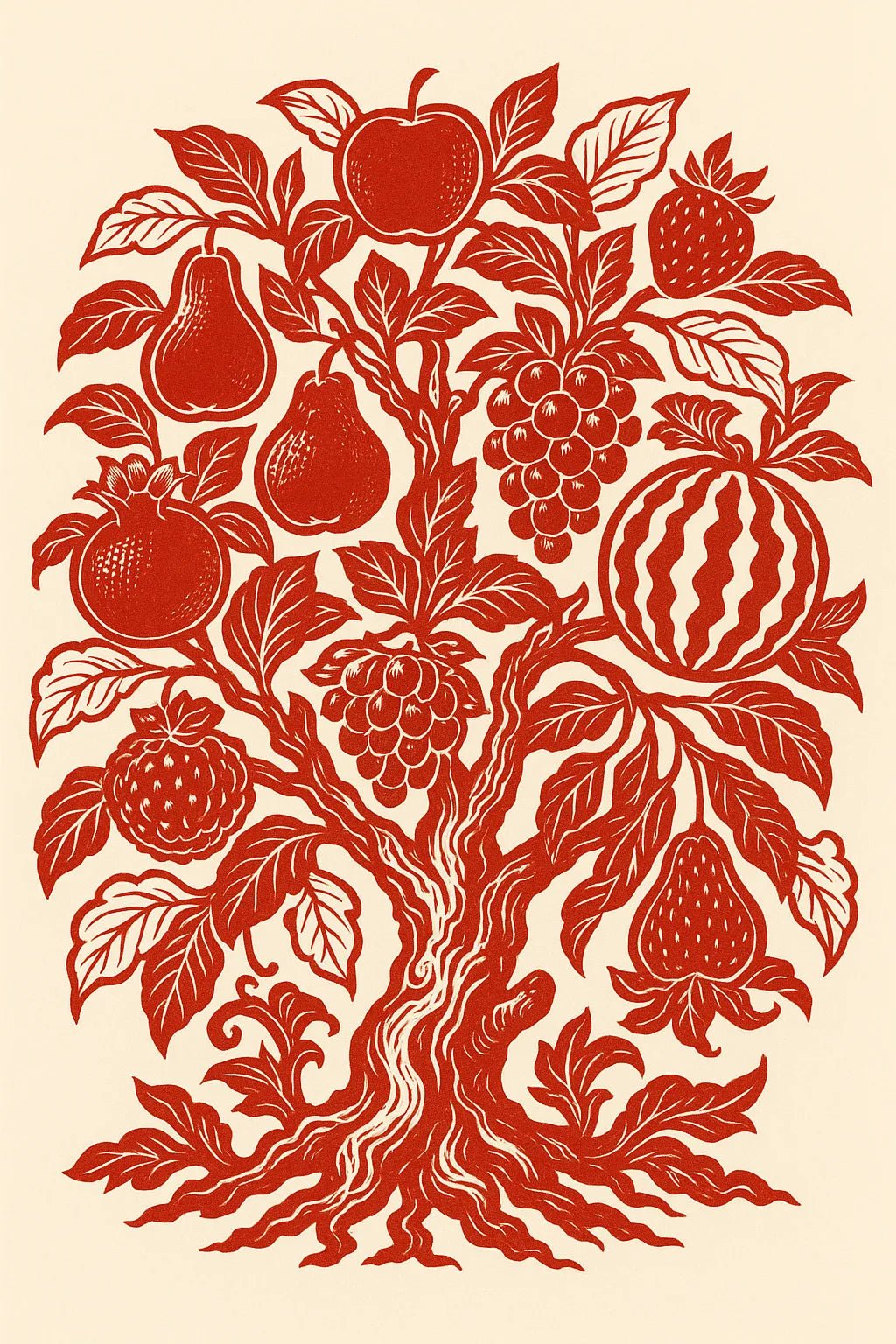 Example output from the Red Maximalist Paper Cut Tattoo Art ChatGPT prompt: Fruits Tree