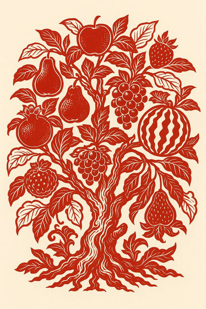 Example output from the Red Maximalist Paper Cut Tattoo Art ChatGPT prompt: Fruits Tree