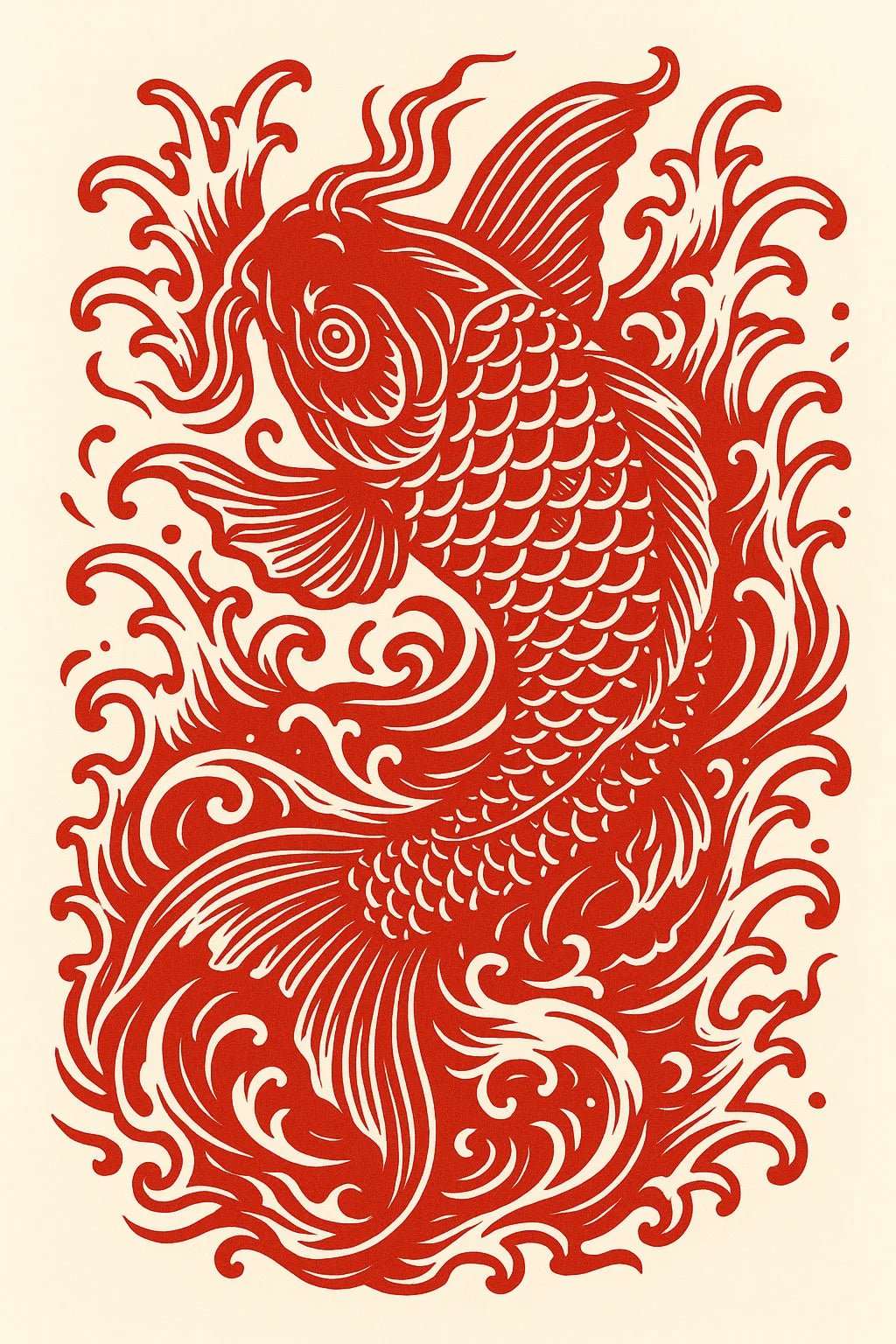 Example output from the Red Maximalist Paper Cut Tattoo Art ChatGPT prompt: Koi Fish