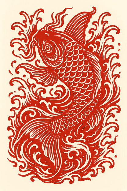 Example output from the Red Maximalist Paper Cut Tattoo Art ChatGPT prompt: Koi Fish