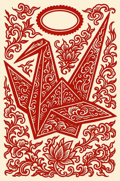 Example output from the Red Maximalist Paper Cut Tattoo Art ChatGPT prompt: Origami