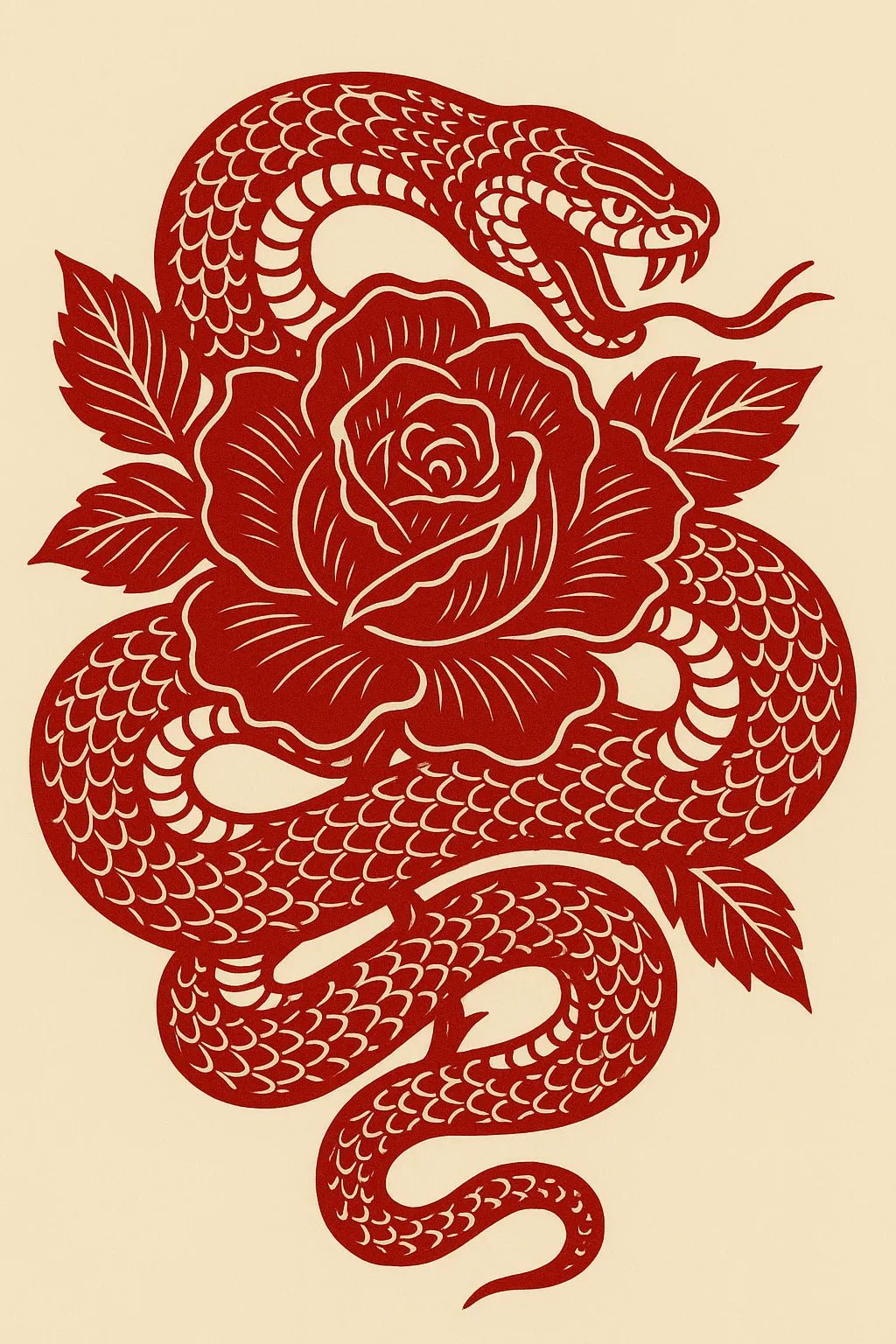 Example output from the Red Maximalist Paper Cut Tattoo Art ChatGPT prompt: Snake Rose