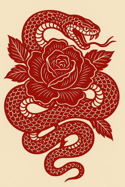 Example output from the Red Maximalist Paper Cut Tattoo Art ChatGPT prompt: Snake Rose