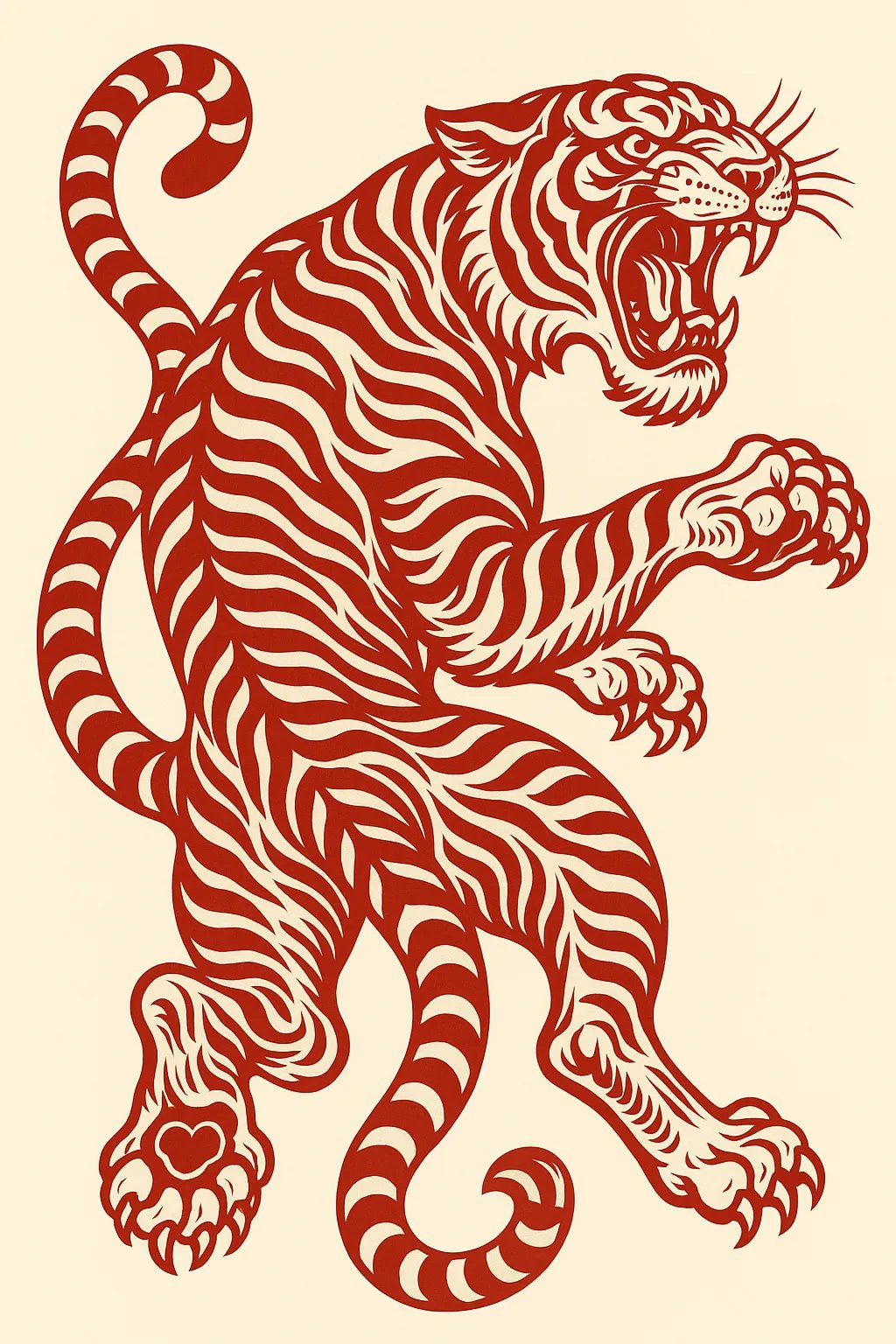 Example output from the Red Maximalist Paper Cut Tattoo Art ChatGPT prompt: Tiger