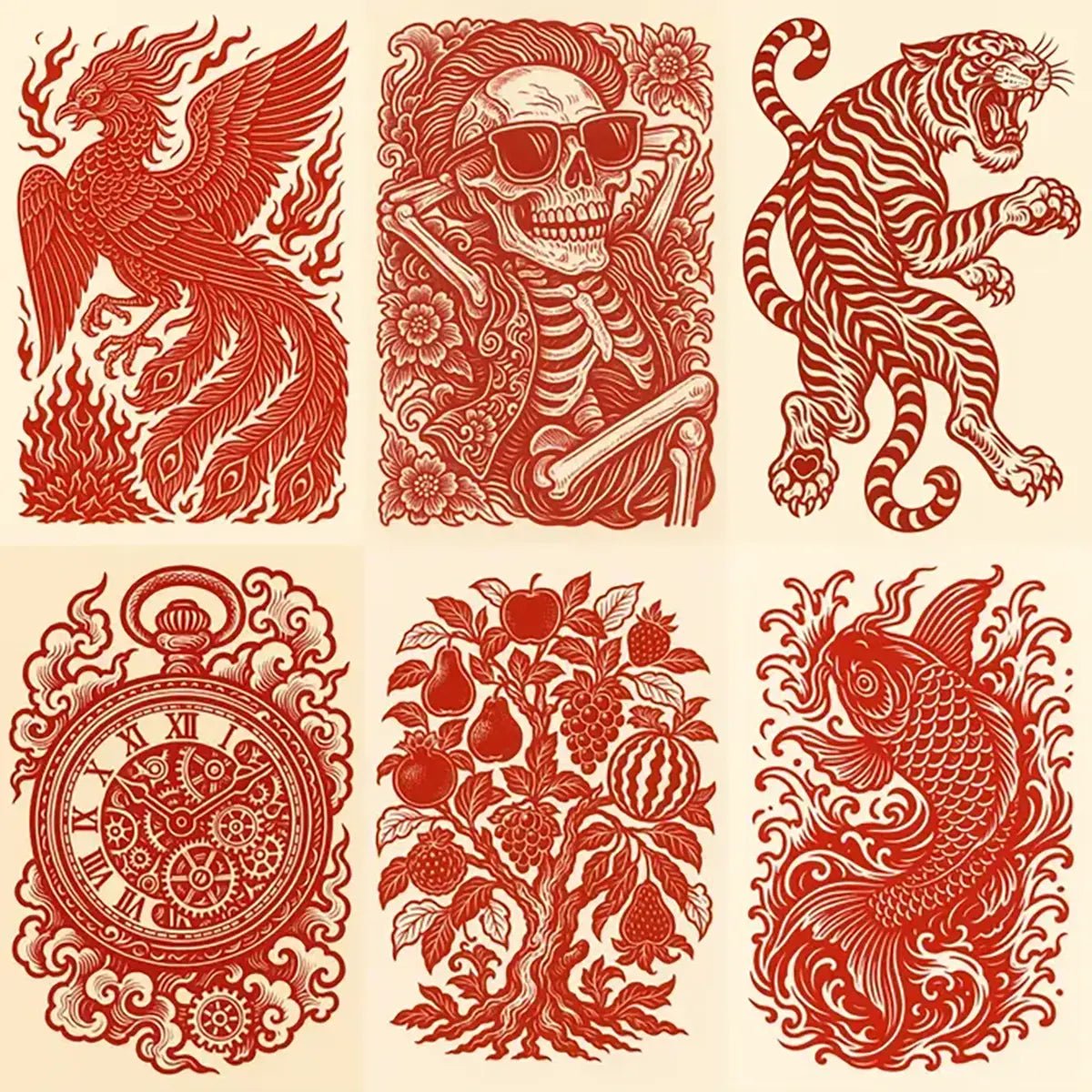 Example output from the Red Maximalist Paper Cut Tattoo Art ChatGPT prompt: intricate red ink vector illustrations of various subjects in a bold paper cut tattoo style, featuring detailed linework, traditional motifs, and no drop shadows.