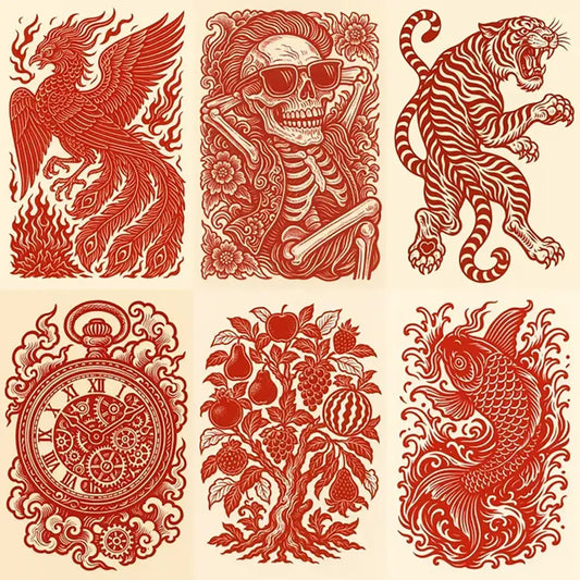 Example output from the Red Maximalist Paper Cut Tattoo Art ChatGPT prompt: intricate red ink vector illustrations of various subjects in a bold paper cut tattoo style, featuring detailed linework, traditional motifs, and no drop shadows.