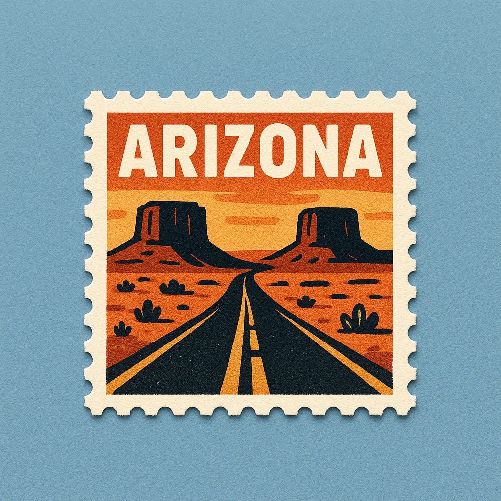 Example output from the Mid-Century Travel Postage Stamp ChatGPT prompt: Arizona