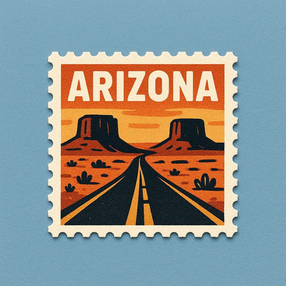 Example output from the Mid-Century Travel Postage Stamp ChatGPT prompt: Arizona