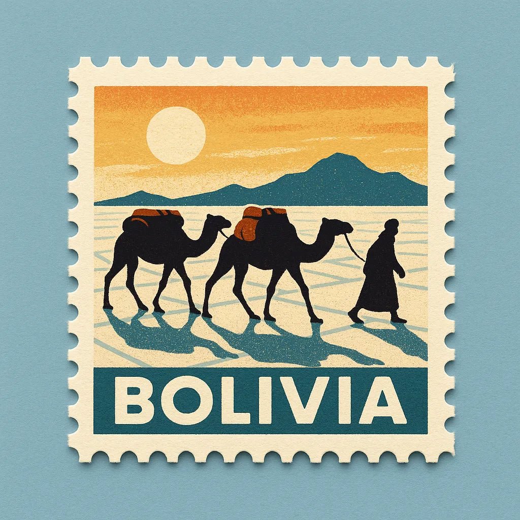 Example output from the Mid-Century Travel Postage Stamp ChatGPT prompt: Bolivia