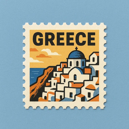 Example output from the Mid-Century Travel Postage Stamp ChatGPT prompt: Greece