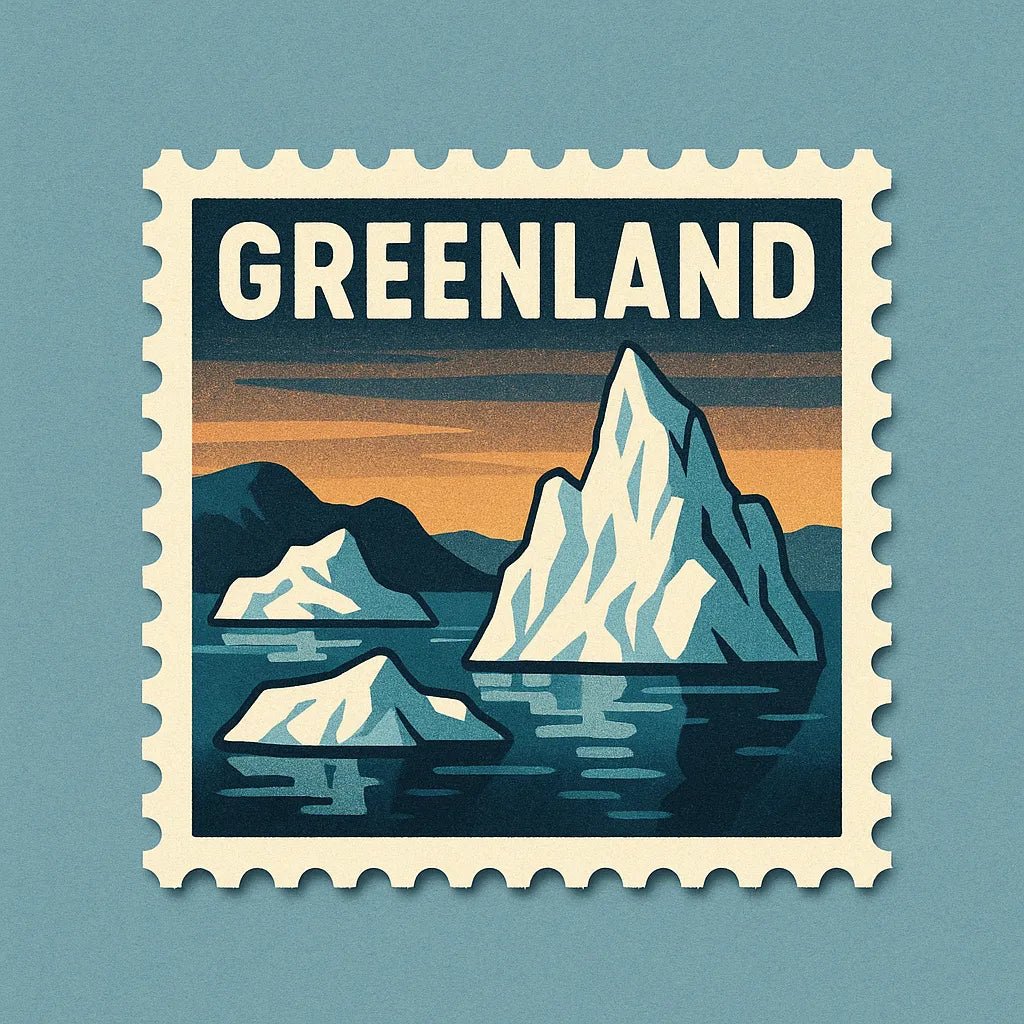 Example output from the Mid-Century Travel Postage Stamp ChatGPT prompt: Greenland