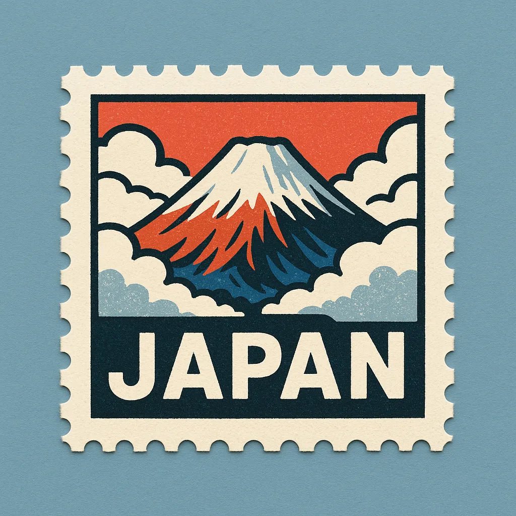 Example output from the Mid-Century Travel Postage Stamp ChatGPT prompt: Japan