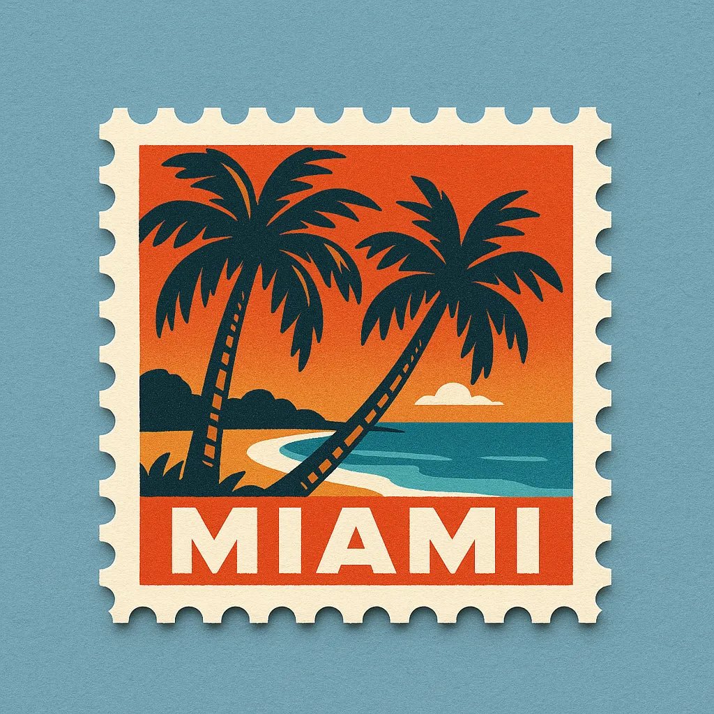 Example output from the Mid-Century Travel Postage Stamp ChatGPT prompt: Miami