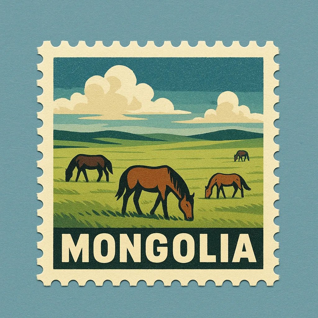 Example output from the Mid-Century Travel Postage Stamp ChatGPT prompt: Mongolia