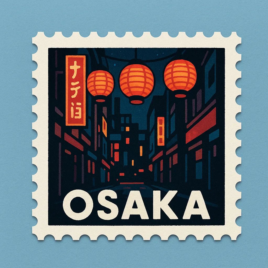 Example output from the Mid-Century Travel Postage Stamp ChatGPT prompt: Osaka